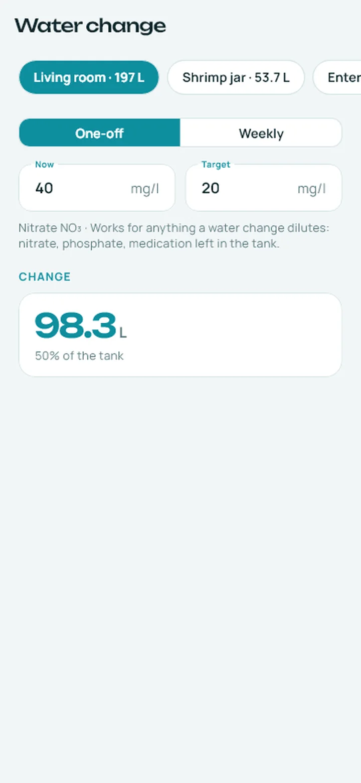 Water change screen showing 98 litres