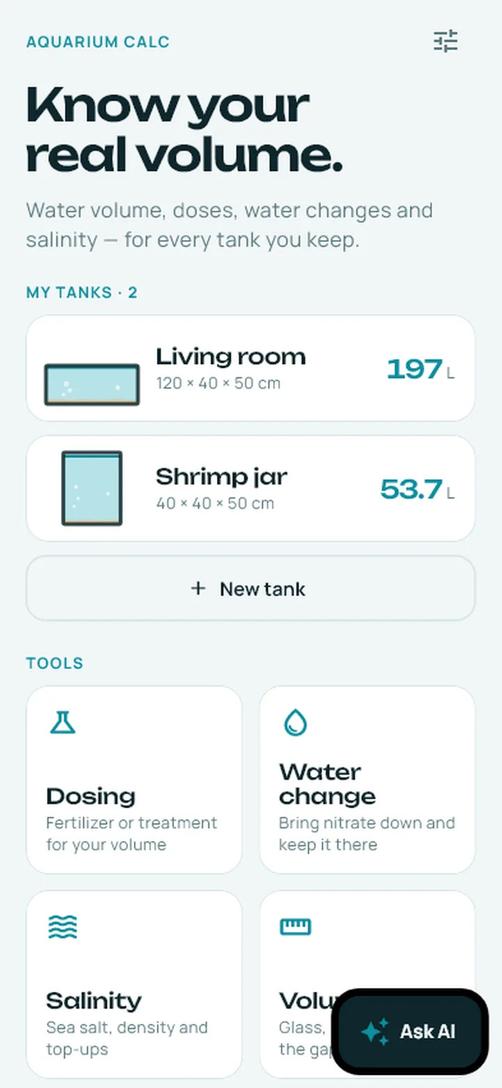 Home screen with two saved tanks