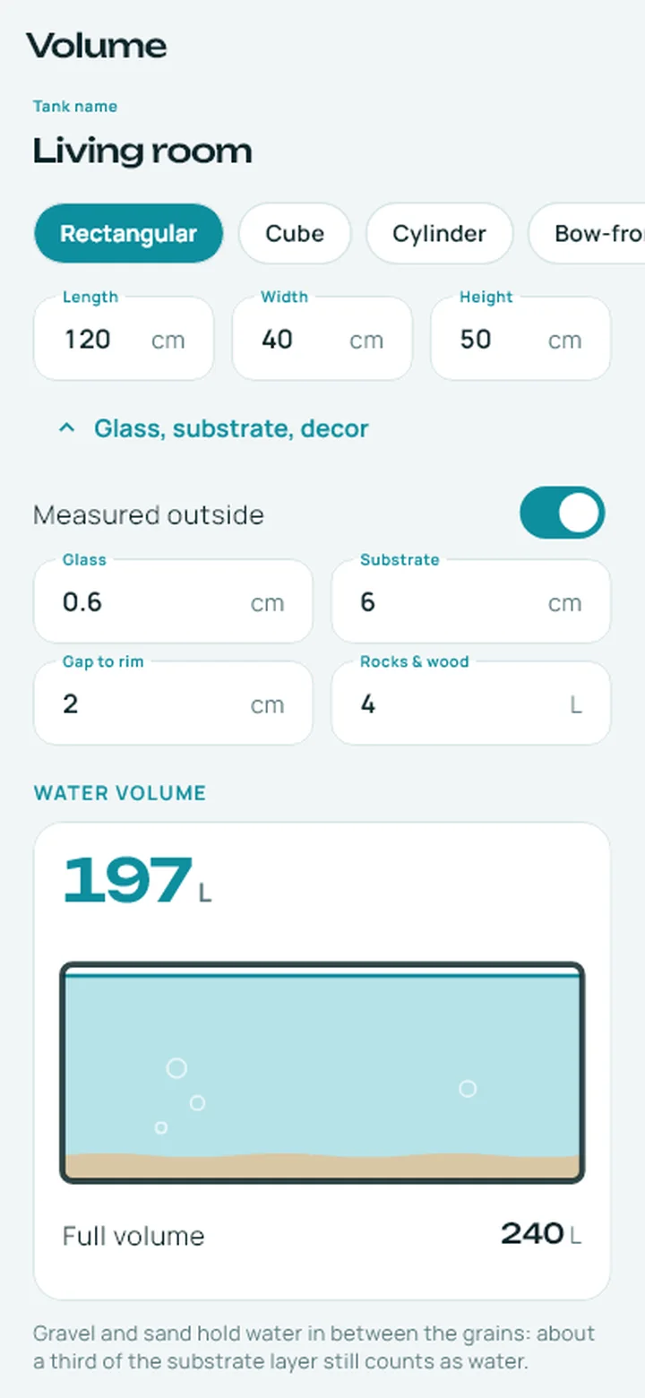 Tank volume screen showing 197 litres of water instead of 240
